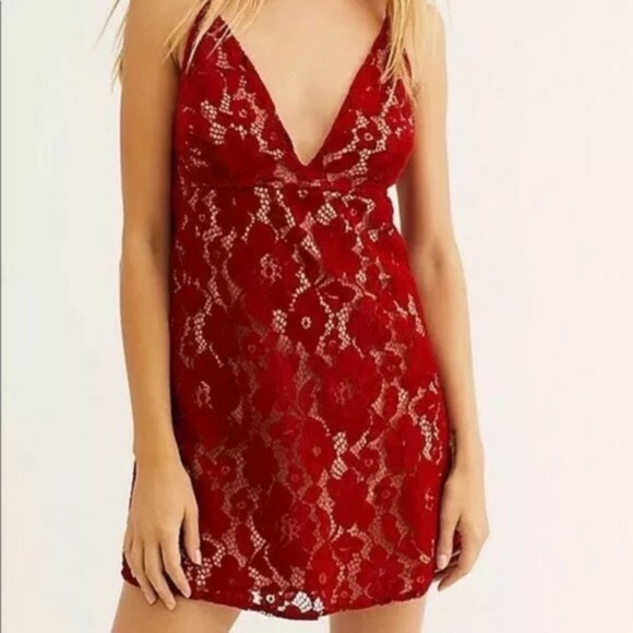 NWT, Red Dress Laced Free People deep Vneck mini - Picture 5 of 12